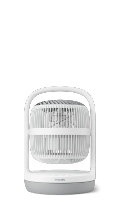 (opens in the same window) Nízky stolový ventilátor Philips série 3000 s bielym vonkajším povrchom a sivou základňou.